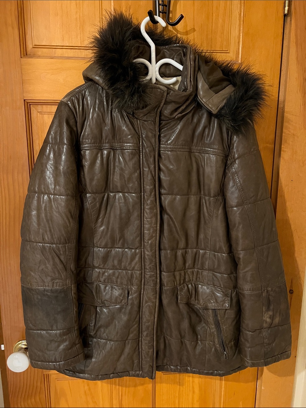Danier Women’s Brown Quilted Leather Puffer with Faux-Fur Hood